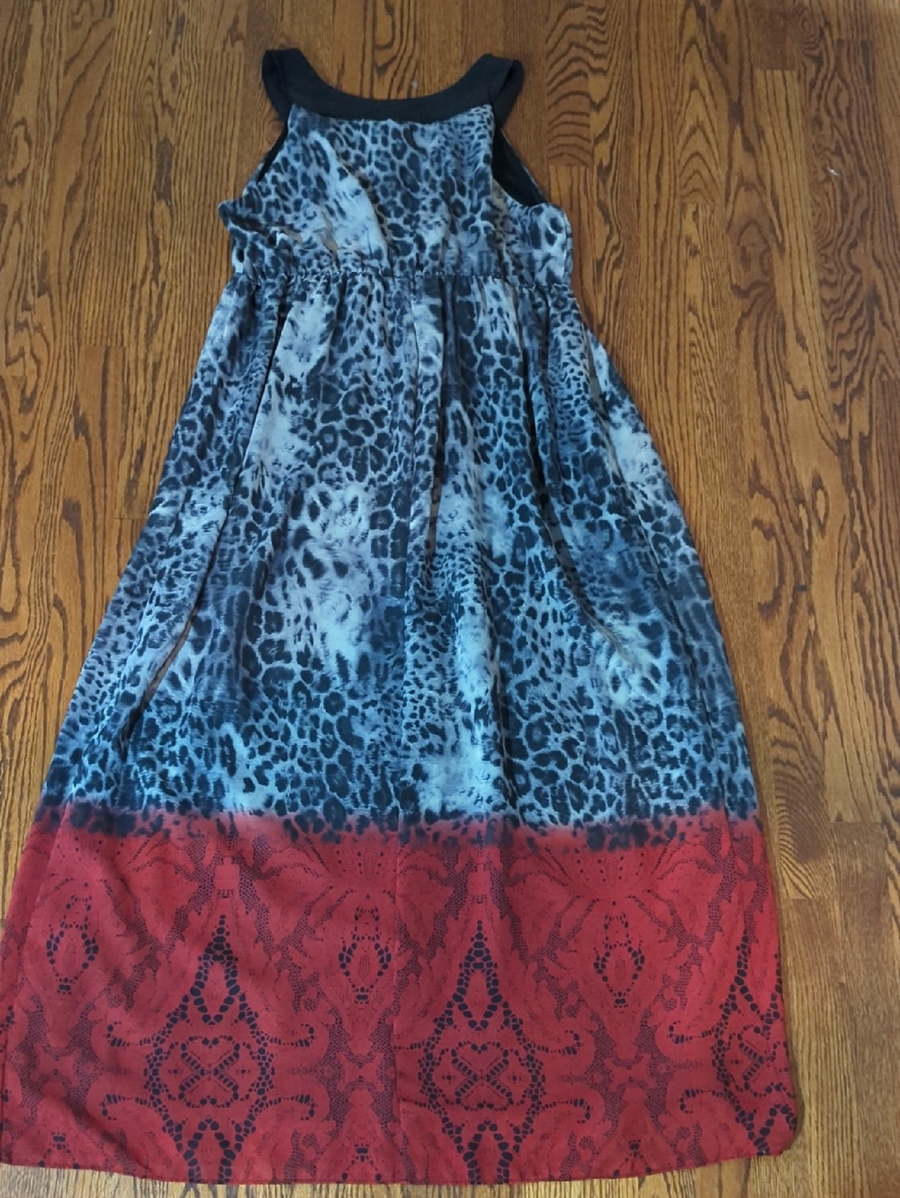 Sami + Jo Mixed Print Leopard/Splatter Maxi Flowy Dress Red/ Black Beaded Collar - Picture 6 of 9